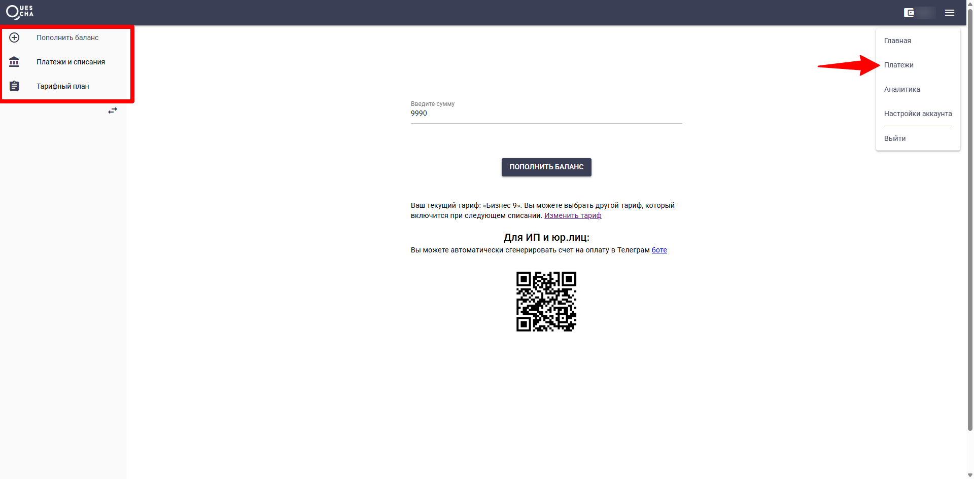 Страница платежей